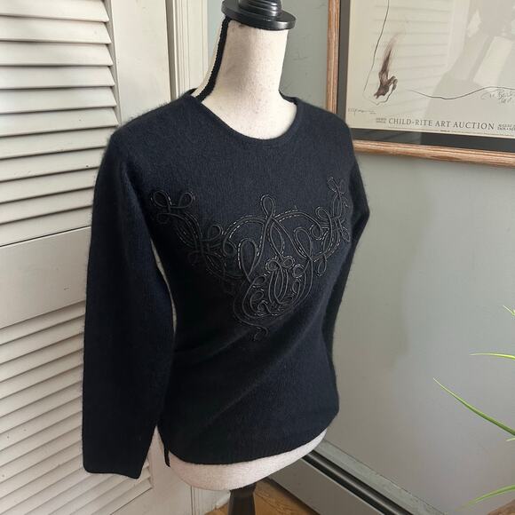 Vintage ELLEN TRACY Sweater Womens P *XS/S Black Angora Wool Blend Beaded Retro - Picture 2 of 9